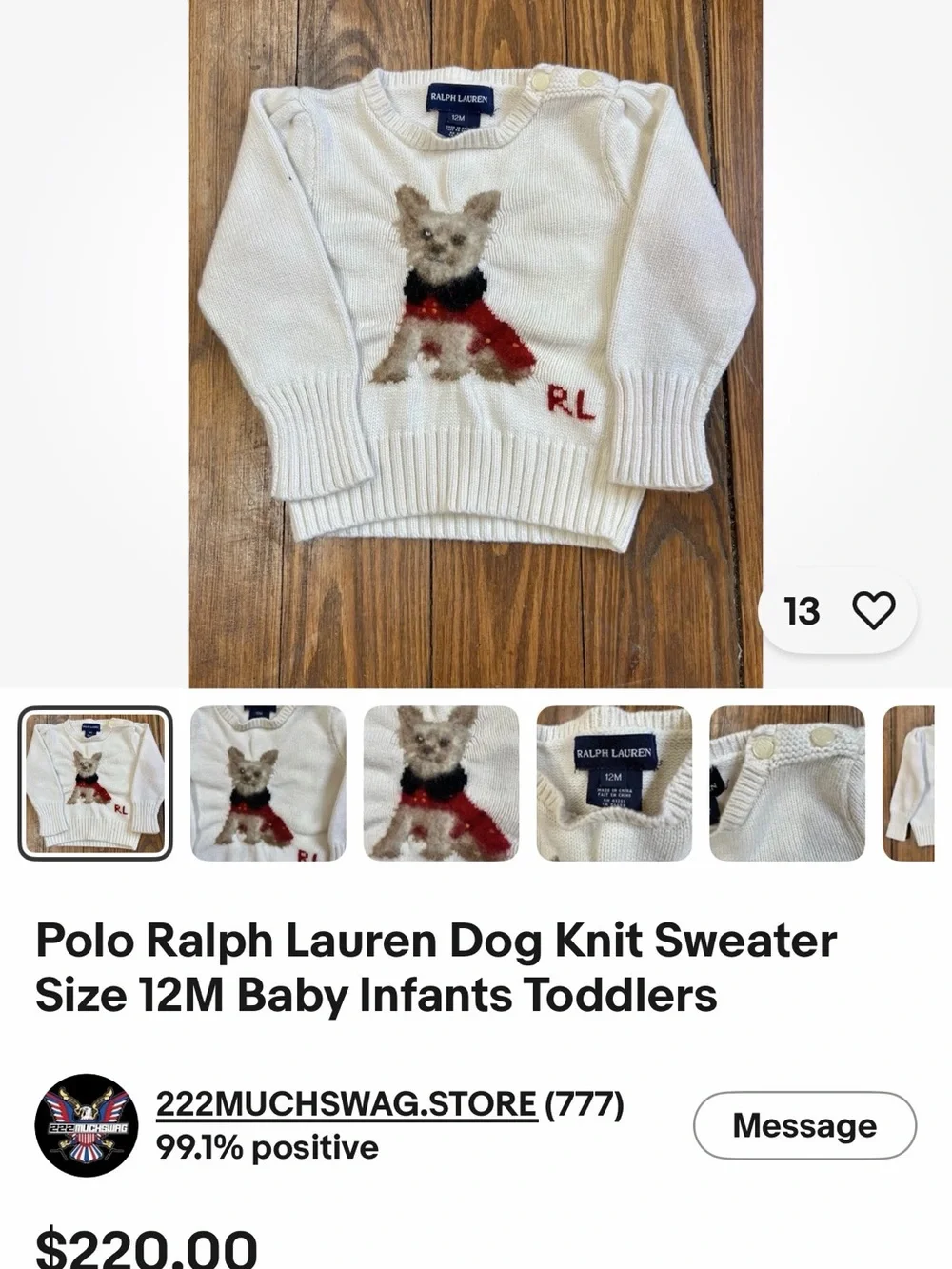 Ralph Lauren Cream Knit Sweater with Dog Motif and Red Accent